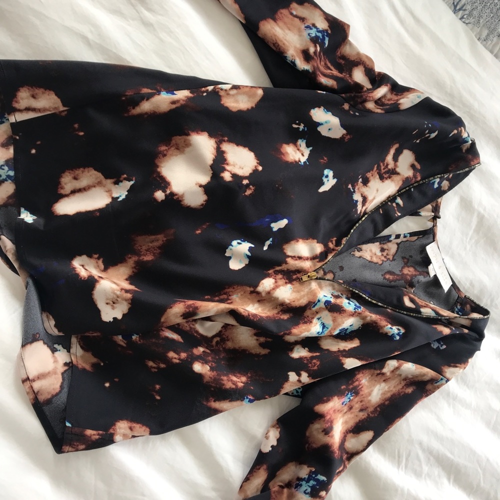 Zip front watercolor silk blouse